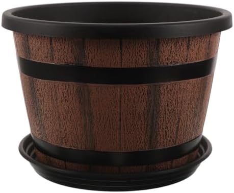 CLISPEED Plastic Whiskey Barrel Planter 11.8x8.3 Inch Round Pot with Saucer by Clispeed