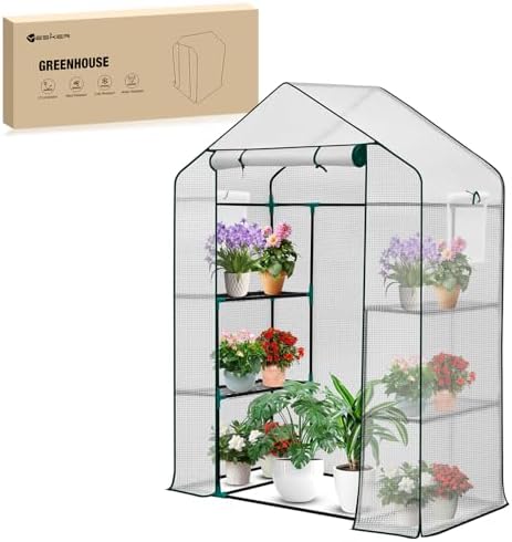 Yesker Greenhouse 57"x29"x77" Walk in Green House - Large Outdoor/Indoor Greenhouses with 4 Shelves Waterproof PE Cover & Windows, Portable Greenhouse Kit for Winter Backyard Gardening Patio, White by YESKER