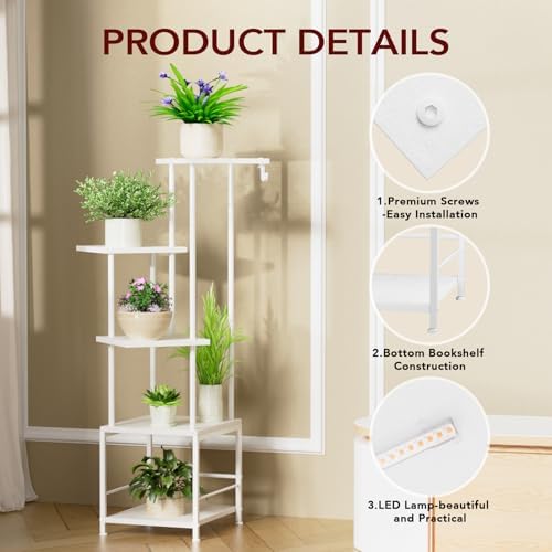 Homsorout Plant Stand Indoor with Grow Light - 5-Tier Metal Plant Shelf with Hanging Basket Hook, Corner Tall Flower Holder for Multiple Plants, Living Room Balcony Garden Patio, White - Image 4