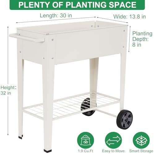 Elevated 32" Tall Raised Garden Bed with Legs and Wheels for Mobility, Metal Planter Boxes Outdoor with Shelf, Raised Bed for Gardening Vegetables/Herbs, Backyard, Patio, Balcony, White - Image 2