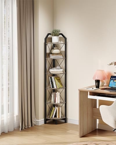 CHOEZON 6-Tier Corner Shelf, Industrial Corner Bookshelf, 71.2" Corner Storage Stand, Plant Stand Display Shelf, Corner Bookcase for Bedroom, Living Room, Home Office, Greige and Black TCJ11BG - Image 6