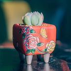 3.63 Inch Hand Painted Succulent Planter with Drainage and Saucers Ceramic Cactus Planter Pot Clay Pot Floral Design Indoor Outdoor Set of 3 (Green Yellow Red) - Image 6