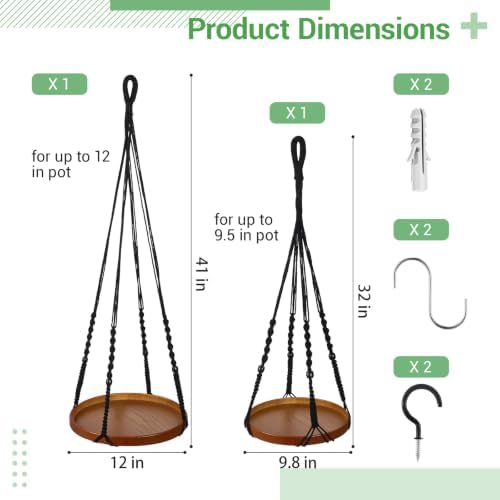 2 Pack Macrame Plant Hanger, 41'' & 32'' Plant Hanger Indoor Set with 12'' & 9.8'' Wood Trays, Bohemian Hanging Planter with Hooks for Living Room Window, Home Decor - Image 5