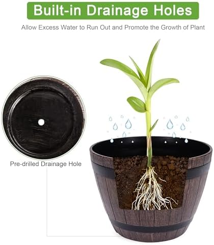 VECELO Plant Pots with Drainage Holes & Saucer, 9/11.3/13 Inch Flower Pots with Tray, 3 Pack Plastic Whiskey Barrel Planters for Indoor & Outdoor Garden Home Plants and Flowers - Image 4