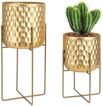 TRIROCKS Set of 2 Planters with Stand Indoor Otdoor Metal Plant Stand 8 * 18 &7 * 12 "Modern Planters Flower Pots for Living Room Corner Kitchen Office Garden Balcony Patio Decor(Gold) by TRIROCKS