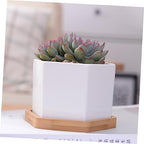 Outanaya Medium Ceramic Succulent Pots Set of 2 with Bamboo Tray Hexagonal Cactus Planter for Home Decor Drainage Design for Potted Plants - Image 6