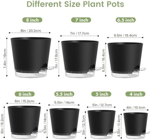 Meowell Self Watering Pots Set of 7 – Assorted Size 4" to 8" Indoor Plant Pots with Drainage Holes and Clear Reservoir for Visible Water Level, Plastic Wicking Planter for House Plants & Flower, Black - Image 2