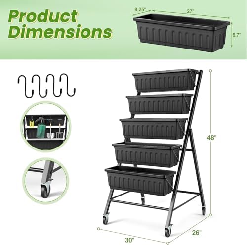 TEANDE 2 Pack Vertical Raised Garden Bed with Wheels, 5-Tier Elevated Planter Box w/Drainage System & 4 Hooks for Herbs Vegetables Flowers, Vertical Garden Planter for Patio Yard Indoor Outdoor - Image 2
