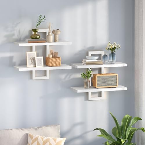 HOOBRO Floating Shelves, 15 Inch Wall Shelf Set of 2, Wall Mounted Storage Shelves 2-Tier, Hanging Bathroom Shelves, for Living Room, Bedroom, Bathroom, Kitchen, White WW32BJ01 by HOOBRO