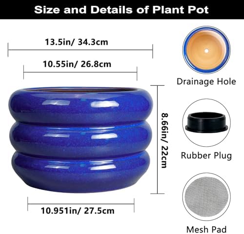 SQOWL Ceramic Plant Pot 13.5 Inch - Large Planter for Outdoor Plants Round Indoor Flower Pot with Drainage Hole Decorative Planter Modern Home Decor Blue - Image 3