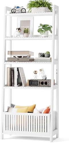 Bamjoy Bamboo White Bookshelf with Slatted Basket, Ladder Bookcase with 4 Display Shelves and 1 Open Storage Basket, Multifunctional Storage Rack Organizer for Home Office, Bedroom, Living Room, 66” H - Image 7
