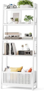 Bamjoy Bamboo White Bookshelf with Slatted Basket, Ladder Bookcase with 4 Display Shelves and 1 Open Storage Basket, Multifunctional Storage Rack Organizer for Home Office, Bedroom, Living Room, 66” H - Image 7