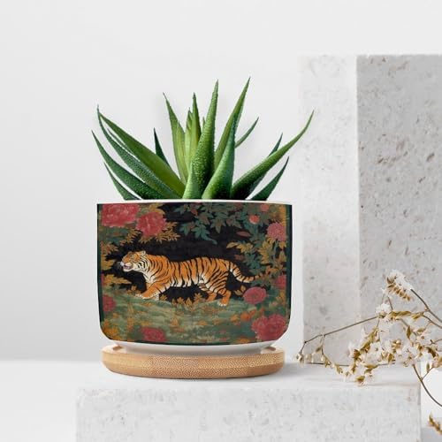 Chinoiserie Tiger Ceramic Planters Green and Turquoise Tiger Stripe Planters for Indoor Plants with Drainage Holes and Saucers Pot for Pots Outdoor Indoor Plants - Image 7