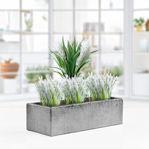WGVI Long Rectangle Ceramic Planter Vase in Silver Etched 14" x 4" x 4"H, Rectangular Box Block Terrarium Pot, Flower Arrangement, Tabletop Centerpiece, Home Décor, Storage Container, 1 Pc. - Image 4