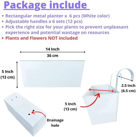 LaLaGreen Hanging Planter Box (14 in, 6 Pack) White Metal Deck Rail Pots - Image 2