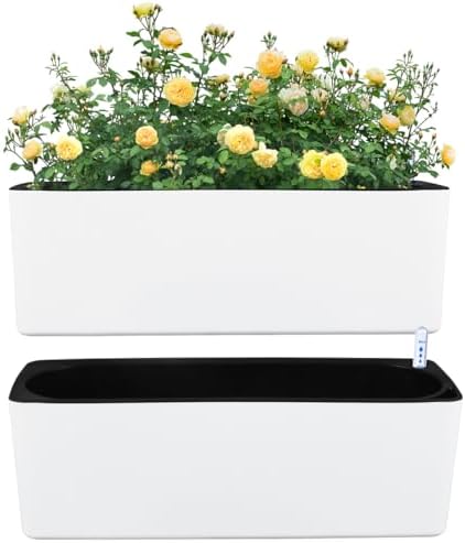 2 Pack Rectangular Planter 15.6 x 5.4 in Self Watering Planter Window Sill Planters Indoor Rectangle Plant Pot Self Watering Pots Plastic Plant pots with Drainage Holes Black Flower Pot by Planterhoma