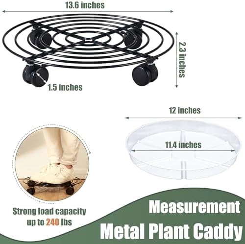 8 Packs Large Metal Plant Caddy with Wheels 14" Rolling Plant Stands Heavy-duty Wrought Iron Plant Roller Base Pot Movers Plant Saucer on Wheels Black - Image 3
