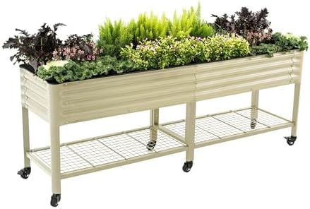 Vego garden Rolling Elevated Raised Garden Bed, 2' x 8' Outdoor Planters Boxes with Legs & Storage Rack for Patio, 1400 Lbs Weight Capacity, Raised Beds for Gardening, Pearl White by Unknown