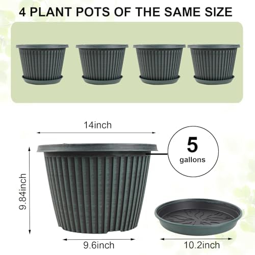 Large-Planter-Indoor-Outdoor Plant Pots, 14 inch 4 Pack Plastic Flower Pots with Saucer And Drainage Holes, Modern Garden Planters For Planting Medium Large Plants, Decorative Resin Garden Pots - Image 3