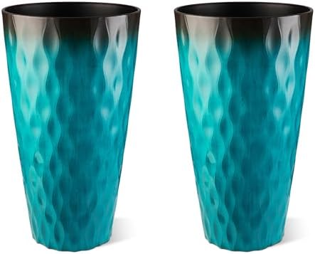 Glitzhome 23.75" H Oversized Tall Planter, Set of 2 Wavy Texture Turquoise Large Planters for Outdoor Plants, with Drainage Hole, Plastic Large Flower Pots for Porch,Garden, Patio or Indoor Use by Glitzhome