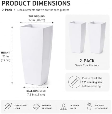 Tall Square Planters 2Pack, Plastic Pots Indoor Outdoor, White - Image 4
