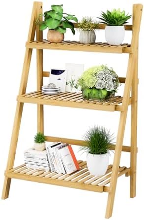 Foldable Ladder Shelf 39.4", Plant Shelf 3 Tier, Bamboo Ladder Bookshelf by OAKVIVOElegantLifestyle