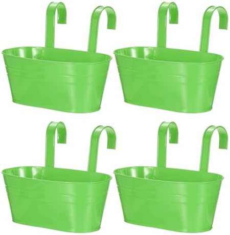 uxcell Rail Planter for Outdoor Plants, 4 Pcs 11" Iron Wall Hanging Planters Fence Railing Balcony Planters with Drainage Holes and Detachable Hooks, Dark Green by uxcell