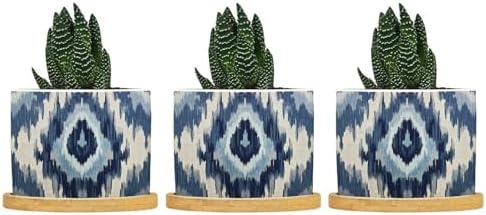 Blue Grey Ikat Planter Ceramic Solid Navy White Round Flower Pot with Drainage Holes and Bamboo Tray Pot for Succulents Cactus Garden Windowsill by BRUYU5SE