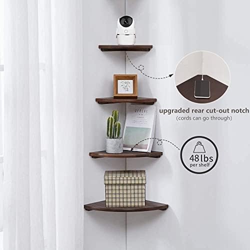 Corner Shelf,12inch Walnut Solid Wood Floating Corner Shelves Wall Mount Round End Floating Speaker Rack with Wire Hole for Small Plant for Bedroom Kitchen - Image 4