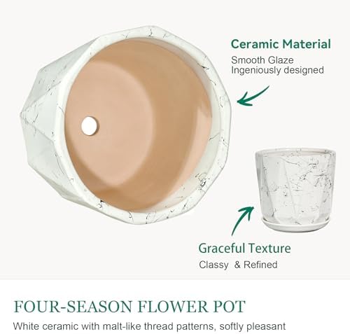 10 Inch Ceramic Plant Pot with Drainage Hole Mesh Net, Large Flower Pots for Indoor Plants with Saucer, Gardening Pots Outdoor (White Silk) - Image 3