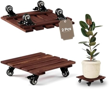 THYOI 2 Pack 12" Acacia Wood Plant Caddy with Lockable 360° Caster Wheels, 300 LB Heavy Duty Rolling Stand for Indoor Outdoor Planter Pots, Wooden Dolly for Patio (Brown, Square) by THYOI