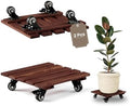 THYOI 2 Pack 12" Acacia Wood Plant Caddy with Lockable 360° Caster Wheels, 300 LB Heavy Duty Rolling Stand for Indoor Outdoor Planter Pots, Wooden Dolly for Patio (Brown, Square) by THYOI