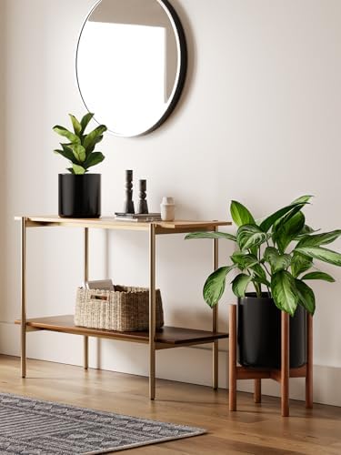 LE TAUCI Planter with Acacia Wood Stand, 10 Inch, Black - Image 3