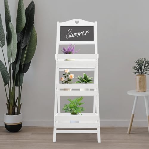 Wooden Plant Stand with Chalkboard, 3-Tier Solid Wood Plant Stand, Fir Wood Ladder Shelf for Indoor/Outdoor Plants, Succulents, 22lbs Load Capacity (White) - Image 7