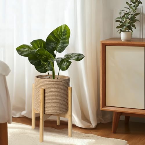 Plant Basket with Stand, Indoor Round Wicker Basket Plant with Bamboo Wood Stand, Decorative Woven Rope Flower Indoor Planter with Legs, Boho Bamboo Wood Planter Holder (Jute) - Image 5
