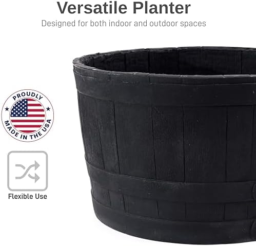 RTS Home Accents Polyethylene Whiskey Barrel Planter for Indoor or Outdoor Gardening, Black (2 Pack) - Image 3