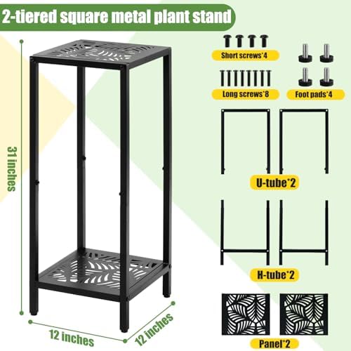 Party Zealot 2 Packs of 2-Tier Tall Metal Square Plant Stand 31” Heavy-Duty Modern Flower Pot Rack for Indoor Living Room, Corner Side Table for Outdoor Patio, Garden Planter Holder, Black, Leaf - Image 3
