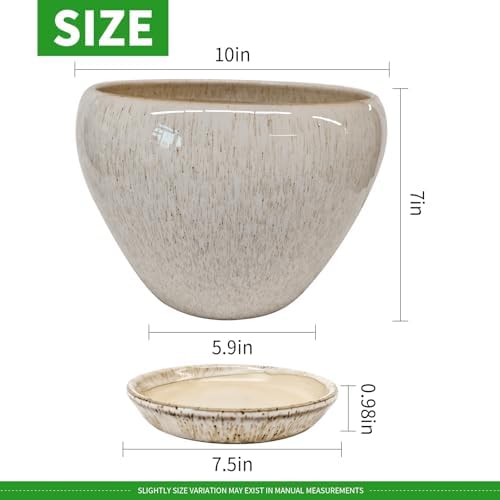 Deep Dream 10 Inch Plant Pot- Ceramic Planter Pot Round Plant Pots for Indoor Plants Outdoor Large Flower Pot with Drainage Holes & Trays, Beige - Image 2