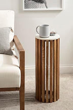 Kate and Laurel Paynter Marble Drink Table; 9 x 24; White and Natural Mango; Tall Slatted Plant Stand Table with Marble Top - Image 6