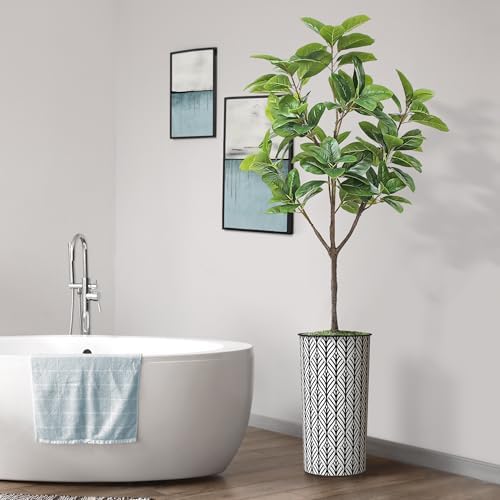 Artificial Tree in Black and White Geometric Planter, Fake Magnolia Tree for Indoor and Outdoor Home Decoration - 70" Overall Tall (Plant Pot Plus Tree) - Image 6