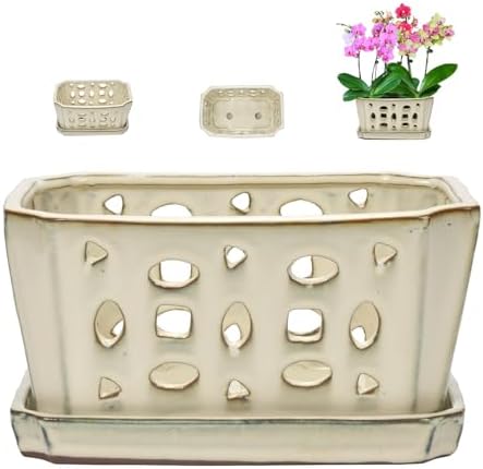 W&W Orchid Pot with Holes and Saucer for Repotting, Cream White, 9.7 Inch by WWHomeDecor