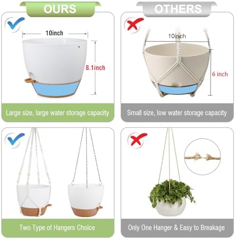 Meowell 10 inch Self Watering Hanging Planters, 2 Pack Hanging Baskets for Indoor Outdoor Plants, Hanging Flower Pots with Drainage Holes & 2 Kinds of Plant Hangers for Garden Home Décor, White Brown - Image 5