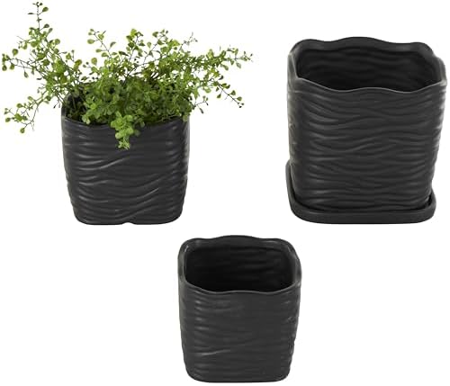 Deco 79 Ceramic Indoor Outdoor Planter Wavy Ribbed Large Planter Pot with Attached Saucer, Set of 3 Planters 7",6",5" H, Black by Unknown