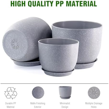 WSMKSZ 12/10/9 inch Large Plant Pots, 3 Pack Modern Decorative Plastic Planters with Drainage Holes and Saucer for House Garden Plants, Flower Pots for Indoor Outdoor Plants, Speckled Grey - Image 4