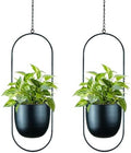 Modern Metal Hanging Planters with 6 Inch Pots and Sturdy Rods - Set of 2 Oval Geometric Plant Hangers - Black Wall and Ceiling Mount Flower Holders for Indoor and Houseplants by HemePaha