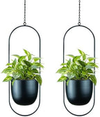 Modern Metal Hanging Planters with 6 Inch Pots and Sturdy Rods - Set of 2 Oval Geometric Plant Hangers - Black Wall and Ceiling Mount Flower Holders for Indoor and Houseplants by HemePaha