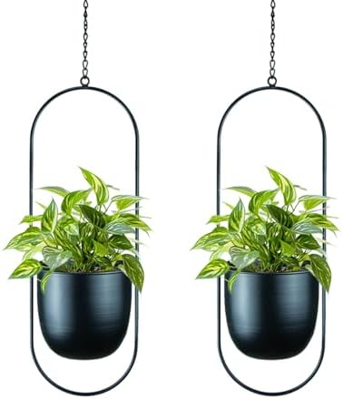Modern Metal Hanging Planters with 6 Inch Pots and Sturdy Rods - Set of 2 Oval Geometric Plant Hangers - Black Wall and Ceiling Mount Flower Holders for Indoor and Houseplants by HemePaha