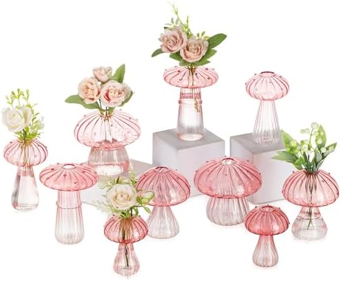 Glasseam Mushroom Vases for Flowers, 10 Pcs Pink Glass Bud Vase for Decor by Glasseam