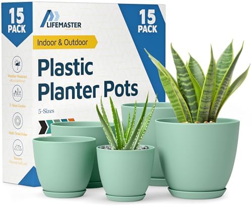 Mint Plant Pots with Drainage Holes & Saucers 15 Pack, Indoor & Outdoor Stackable Space-Saving Planters for Houseplants & Flowers, (7", 6.7", 6", 5.3", and 4.8" Inches), Durable & Weatherproof by LIFEMASTER
