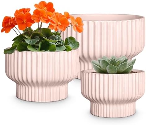 OXART Ceramic Plant Pots, 9.4+8+6 Inch Planters with Drainage Hole, Set of 3, Modern Round Flower Pot for Indoor Plants, Home and Office Decorative Ceramic Pots for Plants, Gifts for Mom, Pink by Oxart